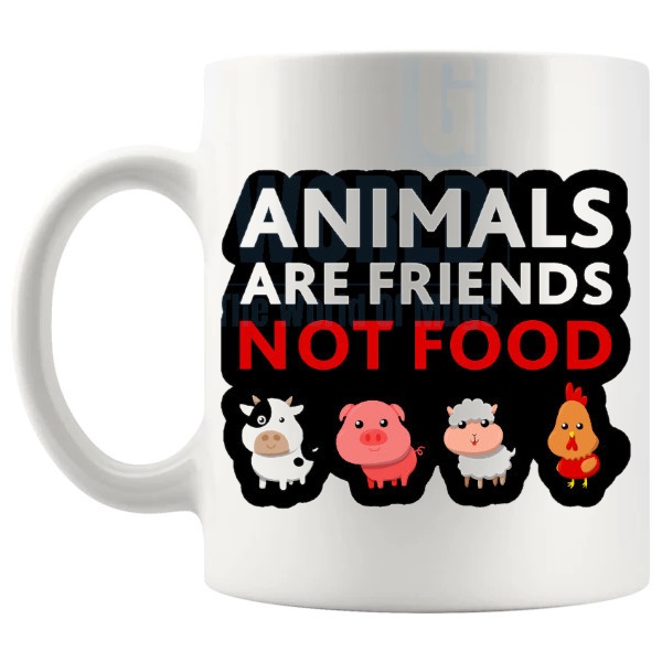 Animals Are Friends Not Food Mug shown with handle on the left