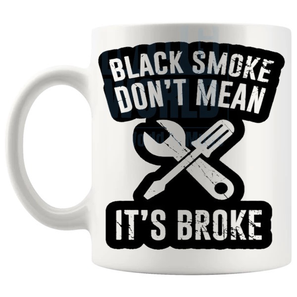 Black Smoke Mug funny diesel mechanic gift shown with handle on the left
