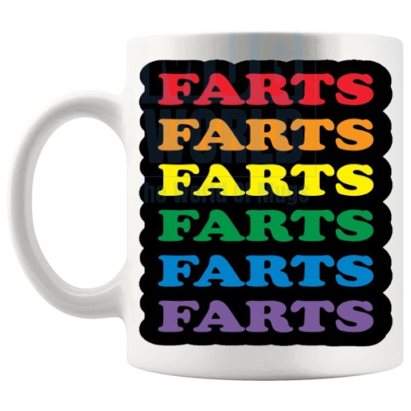 Colourful Farts Mug funny colourful rude fart humour gift shown with handle on the left