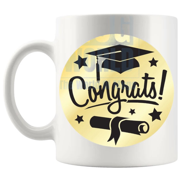 Congrats Graduation Mug gift for graduates shown with handle on the left
