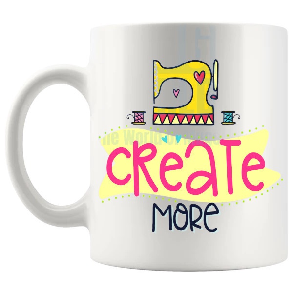Create More Mug with “Create More” text design shown with handle on the left