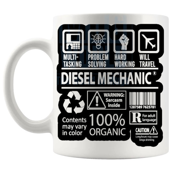 Diesel Mechanic Mug funny gift for diesel engine mechanics shown with handle on the left