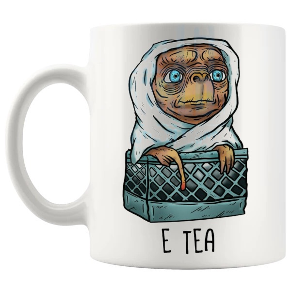 E Tea Mug funny film-inspired tea lover gift shown with handle on the left
