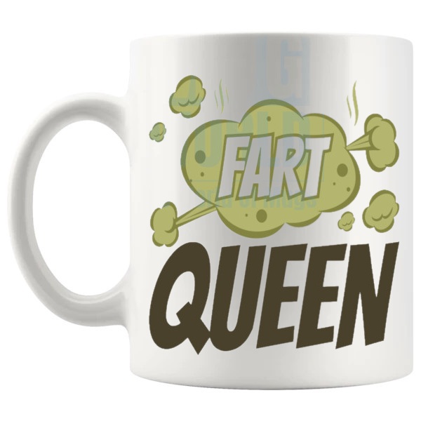 Fart Queen Mug funny rude gift for women shown with handle on the left