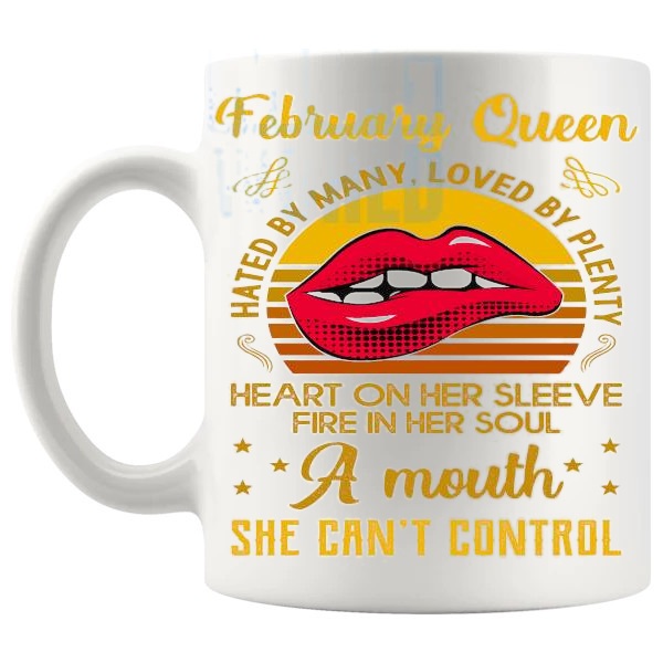 February Queen Birthday Mug funny birth month gift for her with red lips design left handle