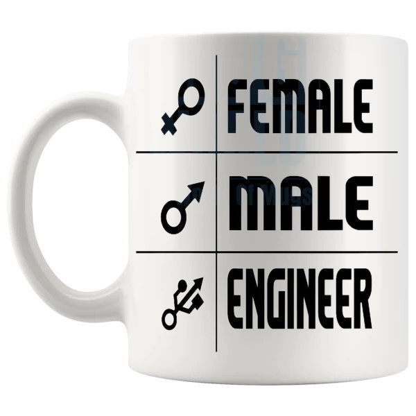 Female Male Engineer Mug funny gift for engineers and engineering students shown with handle on the left