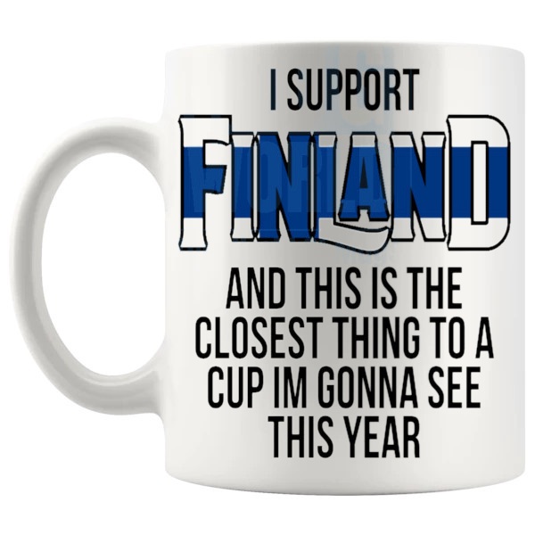 Finland Closest Thing To A Cup Mug funny unofficial football supporter gift shown with handle on the left
