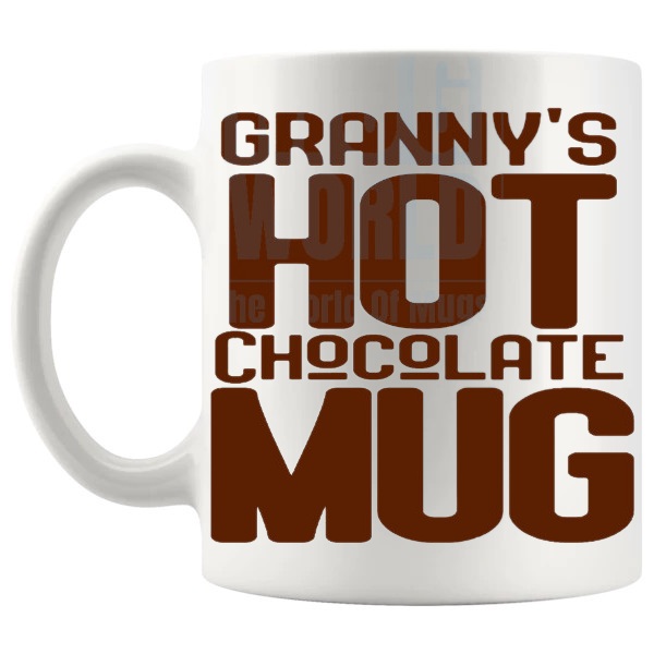 Grannys hot chocolate mug shown with handle on the left