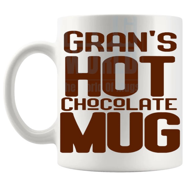 Gran's Hot Chocolate Mug cosy gift for a gran who loves hot chocolate shown with handle on the left