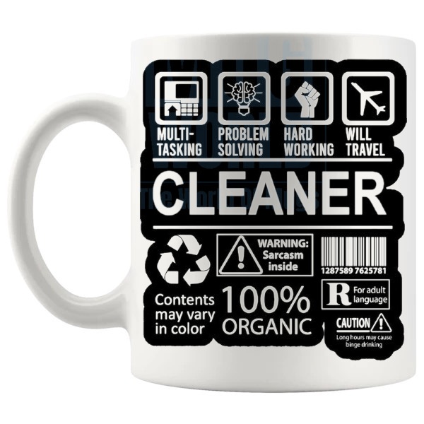 Hard Working Cleaner Mug shown with handle on the left