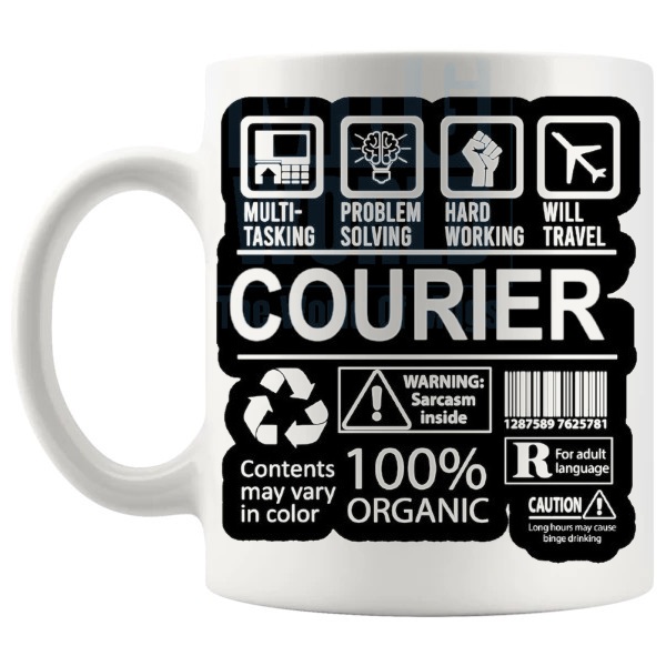Hard Working Courier Mug shown with handle on the left