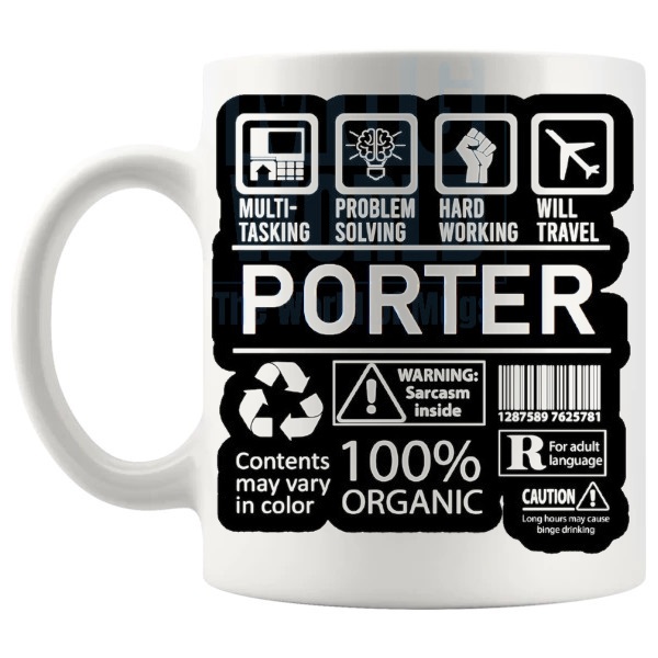 Hard Working Porter Mug gift for a porter shown with handle on the left