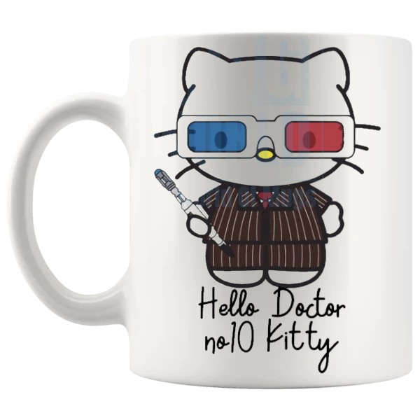 Hello Dr No.10 Mug sci-fi TV fan gift with cute parody styling shown with handle on the left