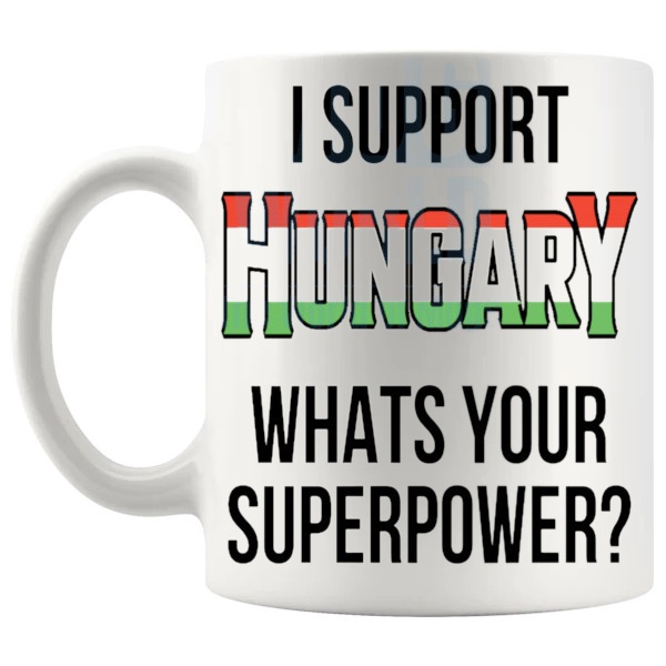 Hungary Supporter Superpower Mug unofficial football fan gift shown with handle on the left
