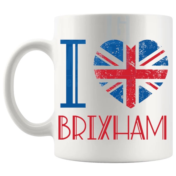 I Love Brixham Mug local pride gift for anyone who loves Brixham shown with handle on the left