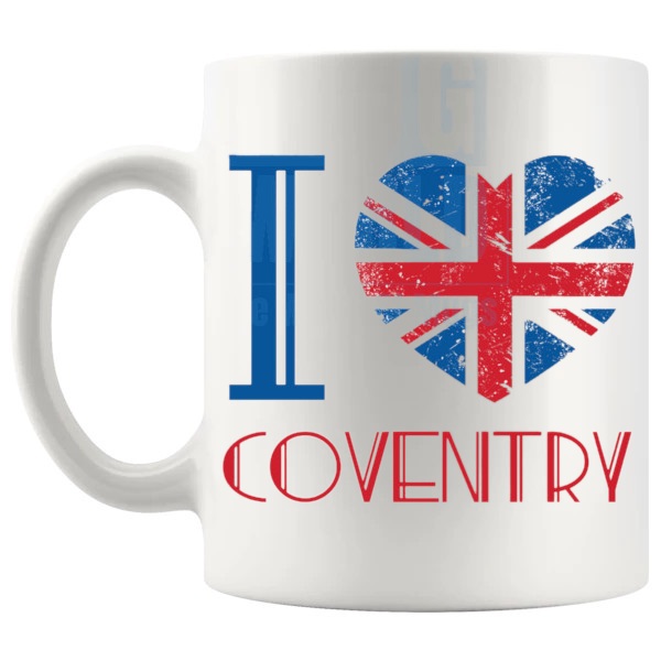 I Love Coventry Mug local pride gift for anyone who loves Coventry shown with handle on the left