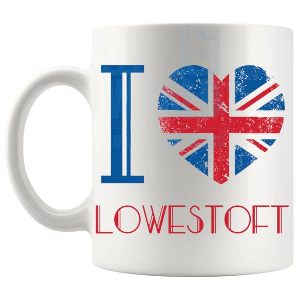 I Love Lowestoft Mug local pride gift for anyone who loves Lowestoft shown with handle on the left