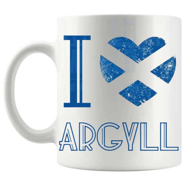 I Love Argyll Mug shown with handle on the left