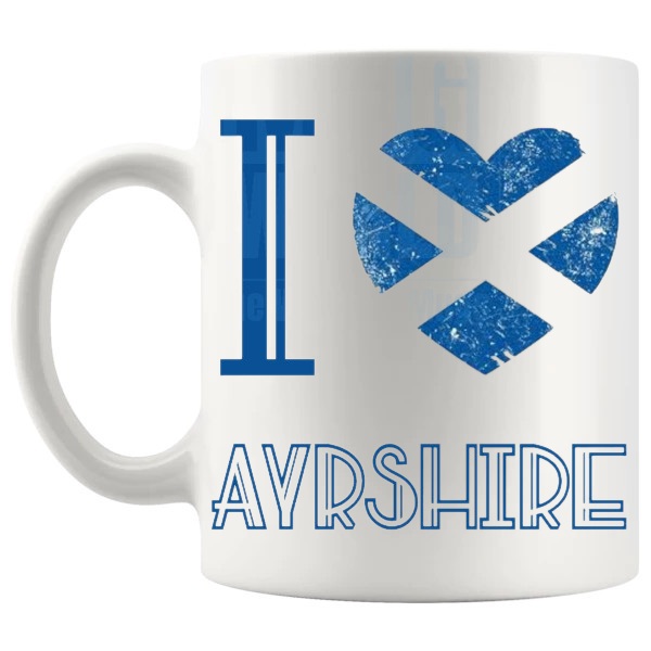 I Love Ayrshire Mug shown with handle on the left