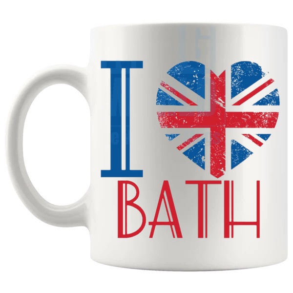 I Love Bath Mug local pride gift for anyone who loves Bath shown with handle on the left