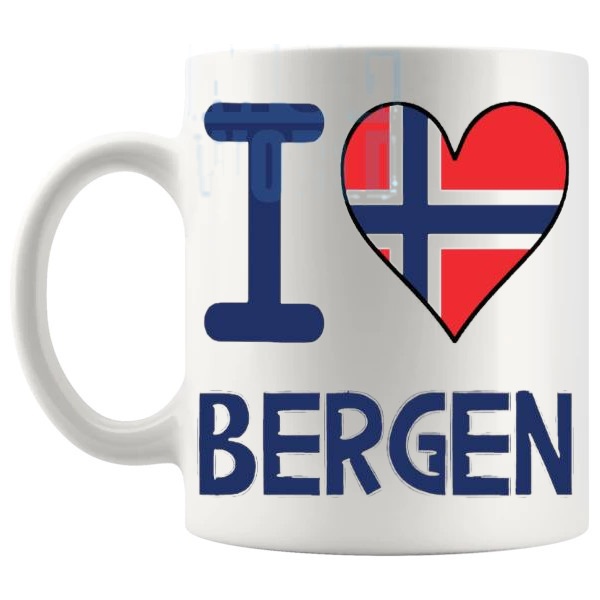 I Love Bergen Mug travel gift mug for anyone who loves Bergen shown with handle on the left