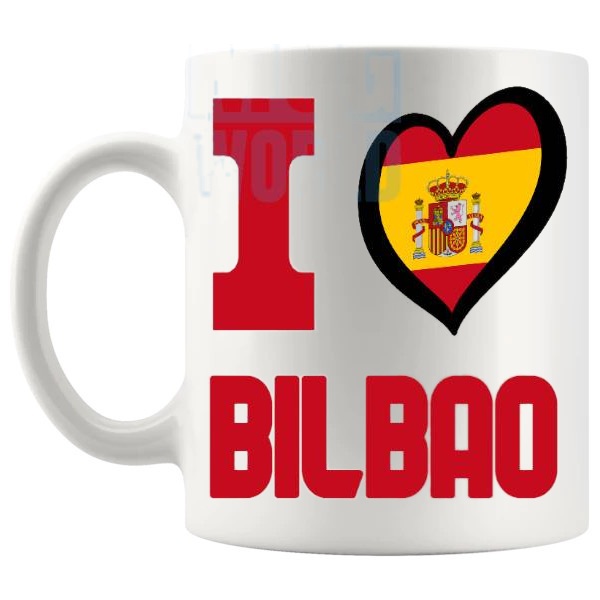 I Love Bilbao Mug travel gift mug for anyone who loves Bilbao shown with handle on the left
