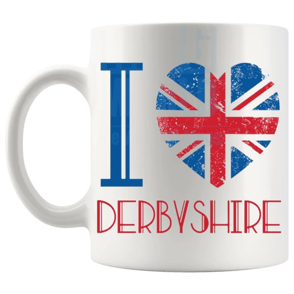 I Love Derbyshire Mug local pride gift for anyone who loves Derbyshire shown with handle on the left