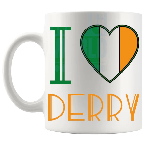 I Love Derry Mug Irish place-name gift for Derry fans shown with handle on the left