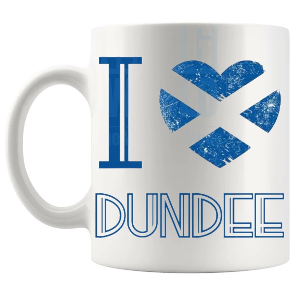 I Love Dundee Mug shown with handle on the left