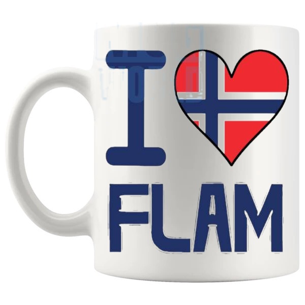 I Love Flam Mug travel gift mug for anyone who loves Flam shown with handle on the left