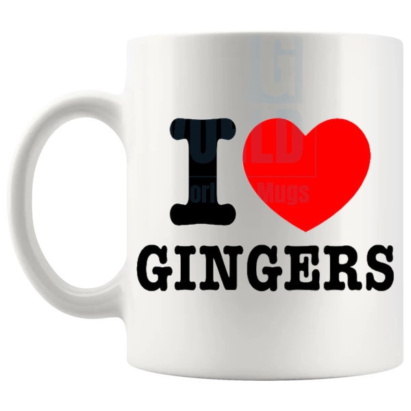 I Love Gingers Mug Style 2 funny redhead lover gift shown with handle on the left