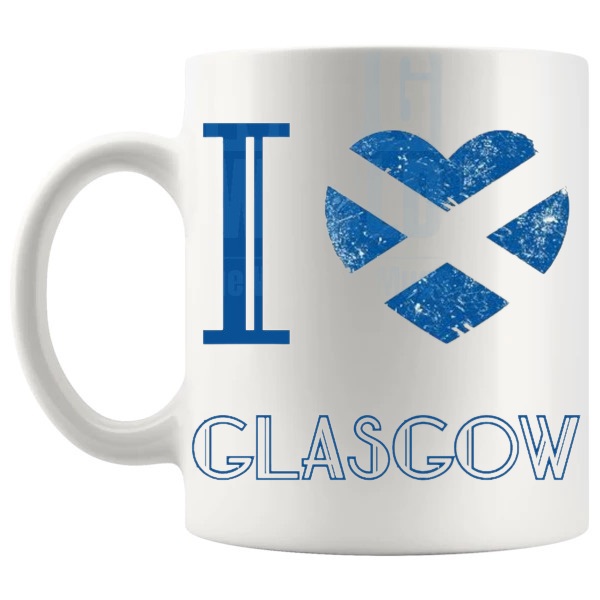 I Love Glasgow Mug shown with handle on the left