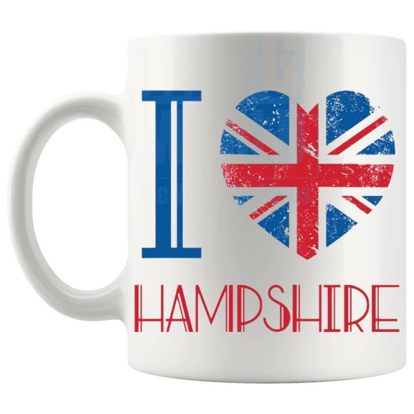 I Love Hampshire Mug local pride gift for anyone who loves Hampshire shown with handle on the left