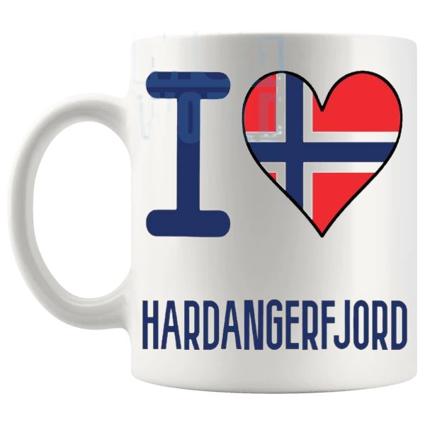 I Love Hardangerfjord Mug travel gift mug for anyone who loves Hardangerfjord shown with handle on the left