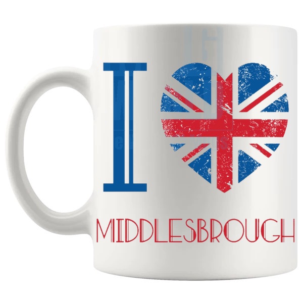 I Love Middlesbrough Mug local pride gift for anyone who loves Middlesbrough shown with handle on the left