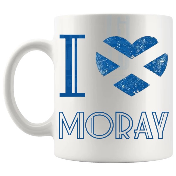 I Love Moray Mug shown with handle on the left