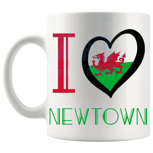 I Love Newtown Mug Welsh place gift for Newtown lovers shown with handle on the left