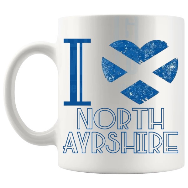 I Love North Ayrshire Mug shown with handle on the left
