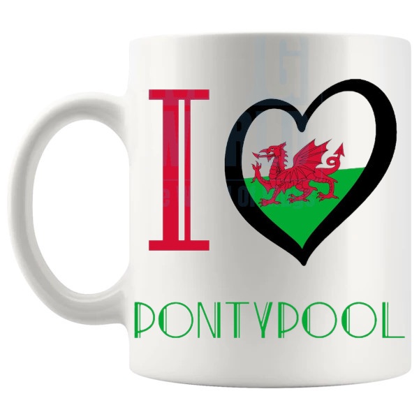 I Love Pontypool Mug Welsh place gift for Pontypool lovers shown with handle on the left