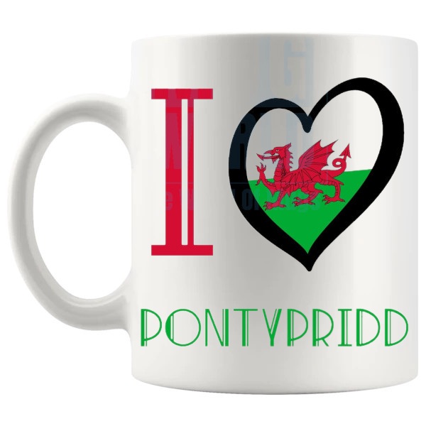I Love Pontypridd Mug shown with handle on the left