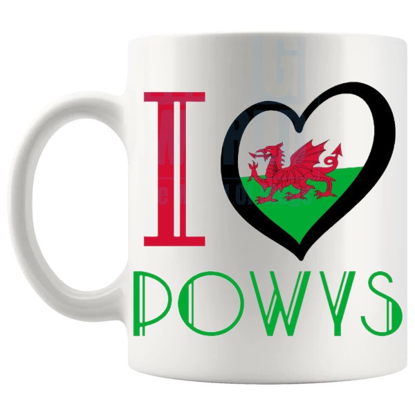 I Love Powys Mug Welsh place gift for Powys lovers shown with handle on the left