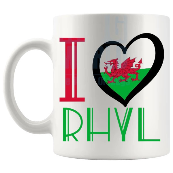 I Love Rhyl Mug shown with handle on the left