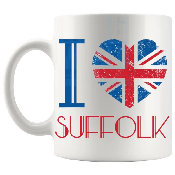 I Love Suffolk Mug local pride gift for anyone who loves Suffolk shown with handle on the left