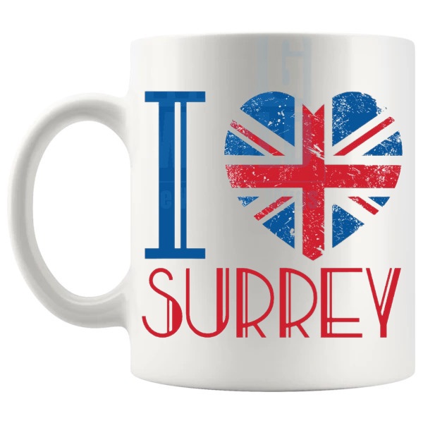 I Love Surrey Mug local pride gift for anyone who loves Surrey shown with handle on the left