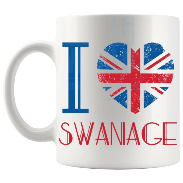 I Love Swanage Mug local pride gift for anyone who loves Swanage shown with handle on the left