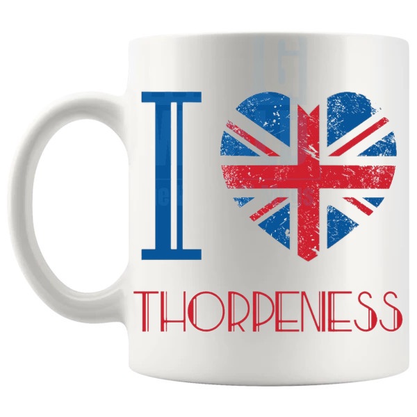 I Love Thorpeness Mug local pride gift for anyone who loves Thorpeness shown with handle on the left