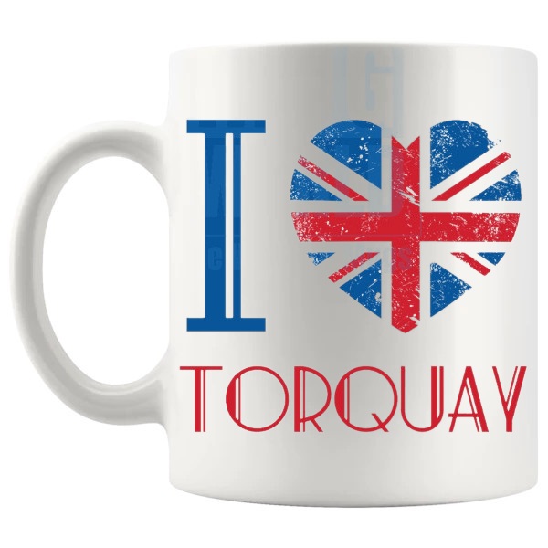 I Love Torquay Mug local pride gift for anyone who loves Torquay shown with handle on the left