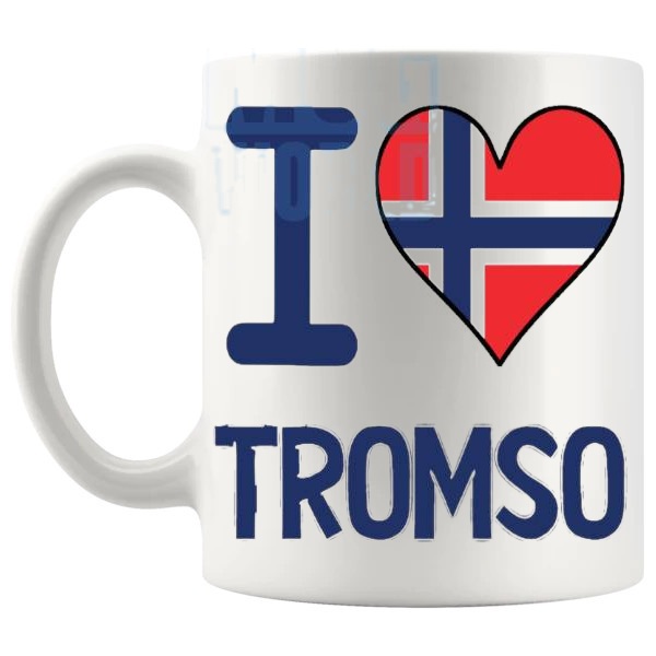 I Love Tromso Mug travel gift mug for anyone who loves Tromso shown with handle on the left