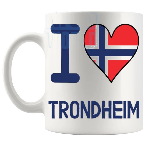 I Love Trondheim Mug travel gift mug for anyone who loves Trondheim shown with handle on the left
