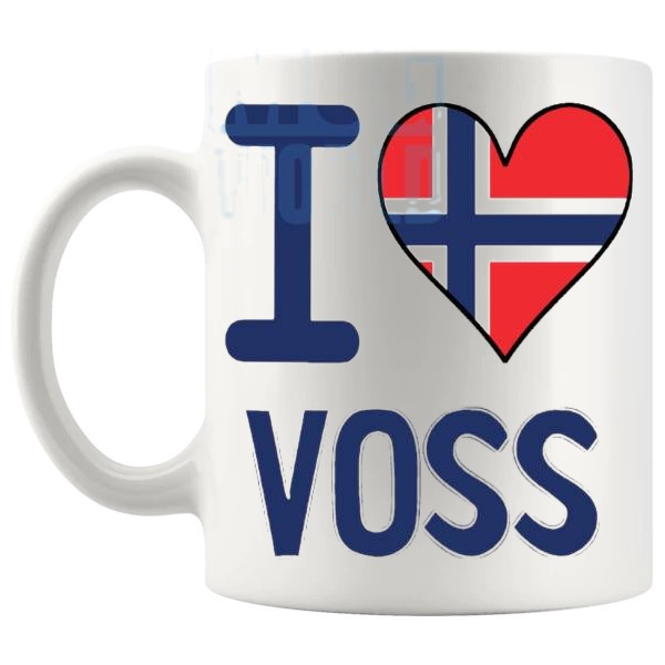 I Love Voss Mug travel gift mug for anyone who loves Voss shown with handle on the left